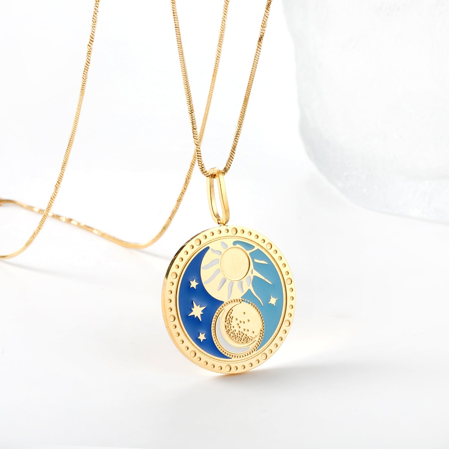 Spring 2024 Round Sun Moon Mixed Color Pattern Pendant 25mm Necklace 45cm asonjewelry